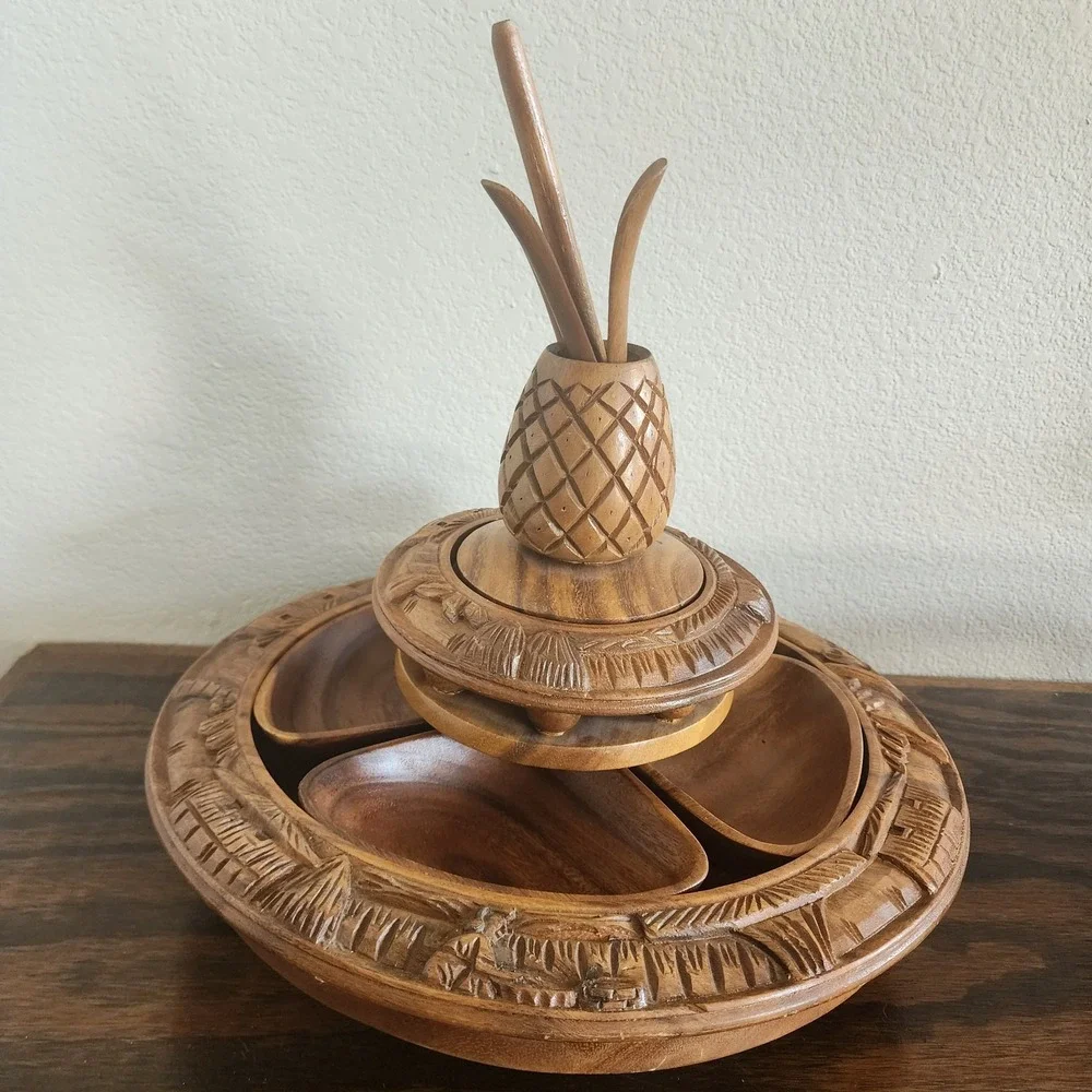 Hand Carved 3 Tier‎ Teak Pineapple Monkey Pod Lazy Susan Serving Tower Vintage